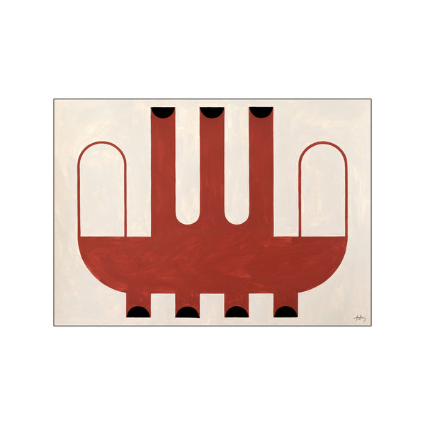 Abstract artwork featuring bold, graphic shapes in a deep red, with black accents against a creamy off-white background, evoking a sense of modern elegance and playful abstraction.