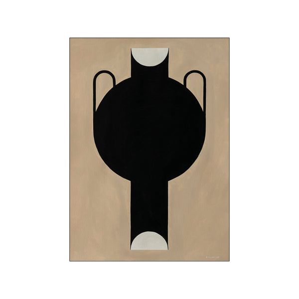 Abstract black vase silhouette with curved handles and pale semi-circles at top and bottom, set against a textured tan background. Minimalist and modern art for home decor.