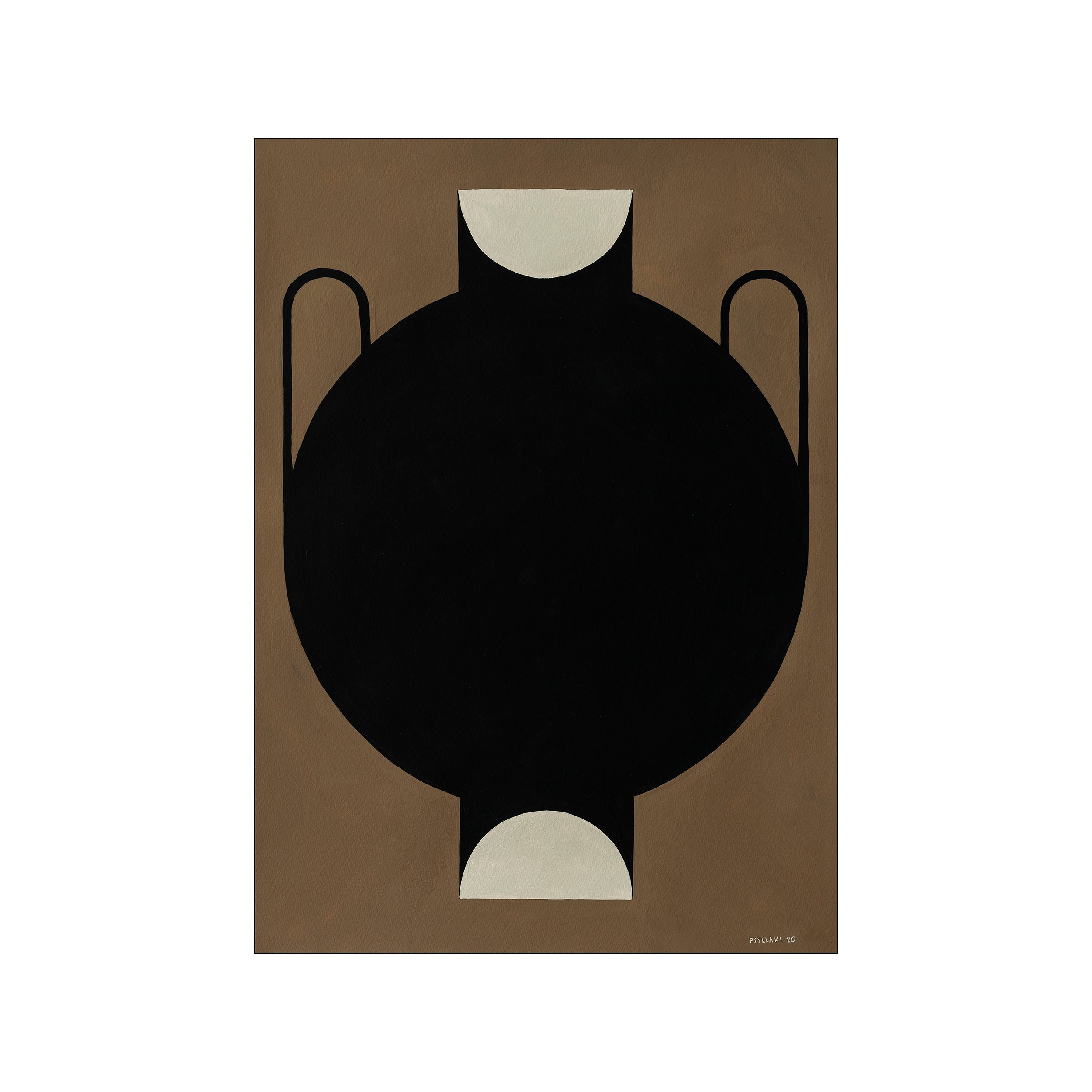 A minimalist abstract artwork featuring the bold black silhouette of a vase with handles, set against a textured brown background, accented with creamy semicircles.