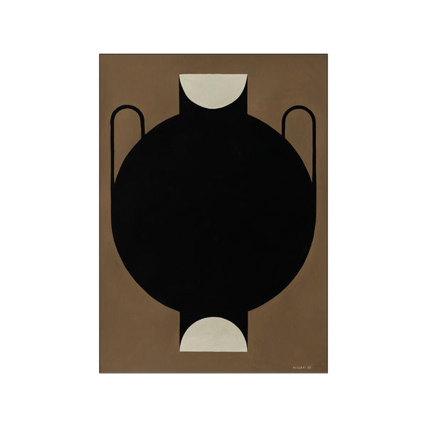A minimalist abstract artwork featuring the bold black silhouette of a vase with handles, set against a textured brown background, accented with creamy semicircles.