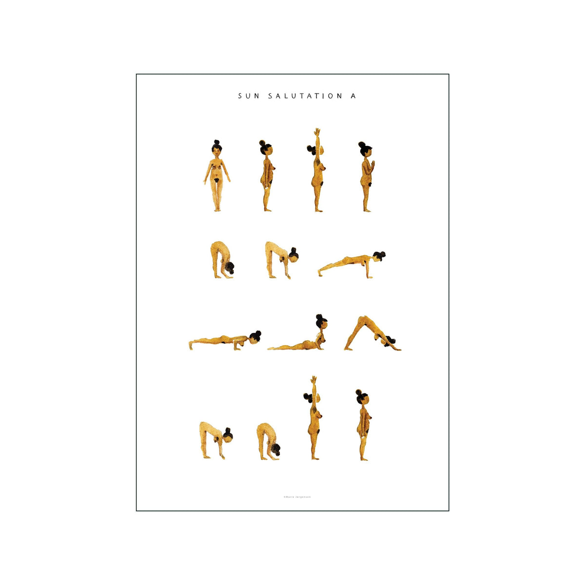 Minimal poster of golden yoga poses arranged in a neat sequence on a white background