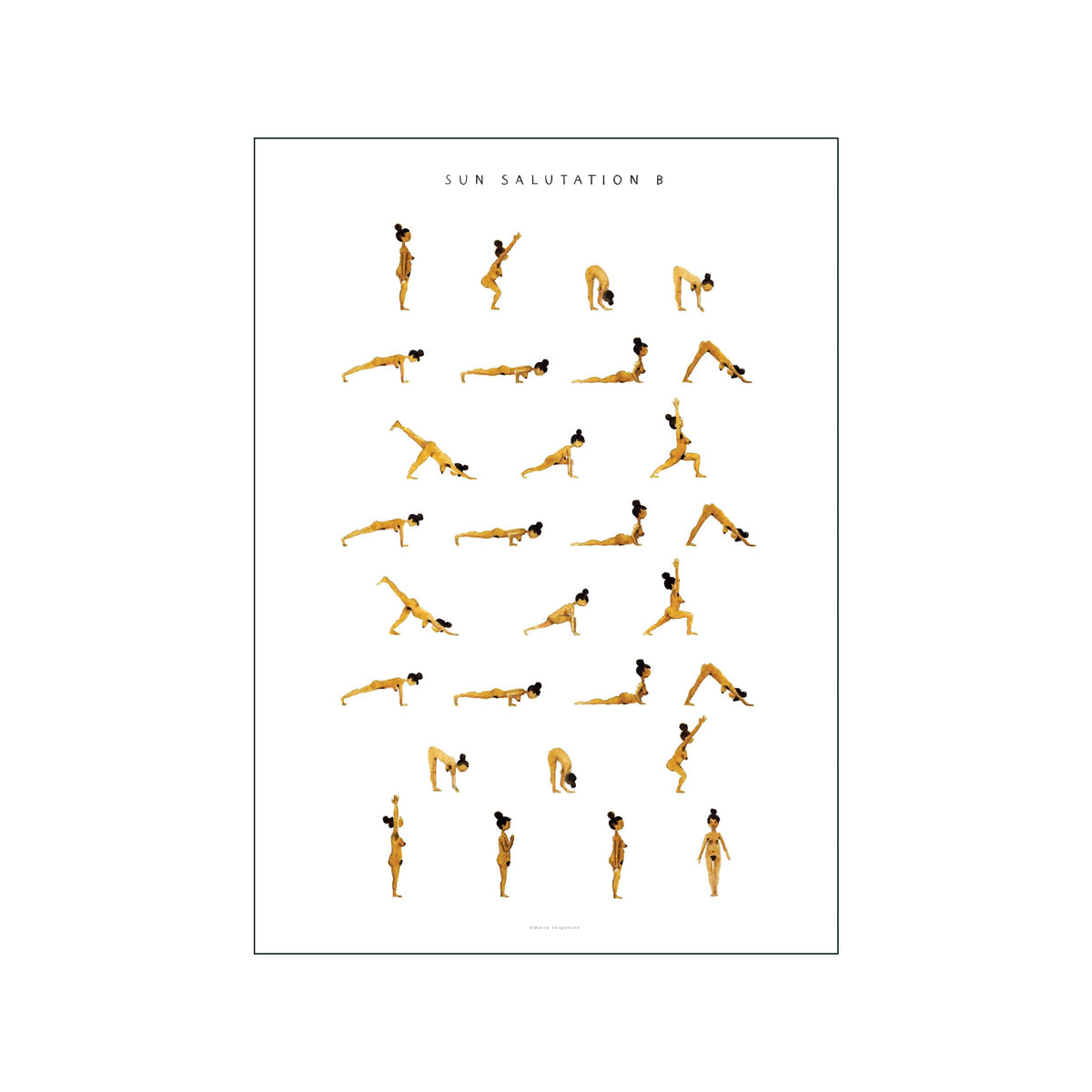 Sun Salutation B yoga pose sequence with small golden female figures on a white background