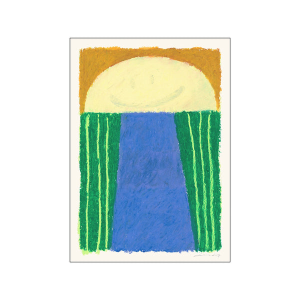 Abstract portrait of a smiling face framed by golden arch and green striped curtains, with a blue pathway. The artwork features a joyful and whimsical vibe in bold, crayon-like strokes.