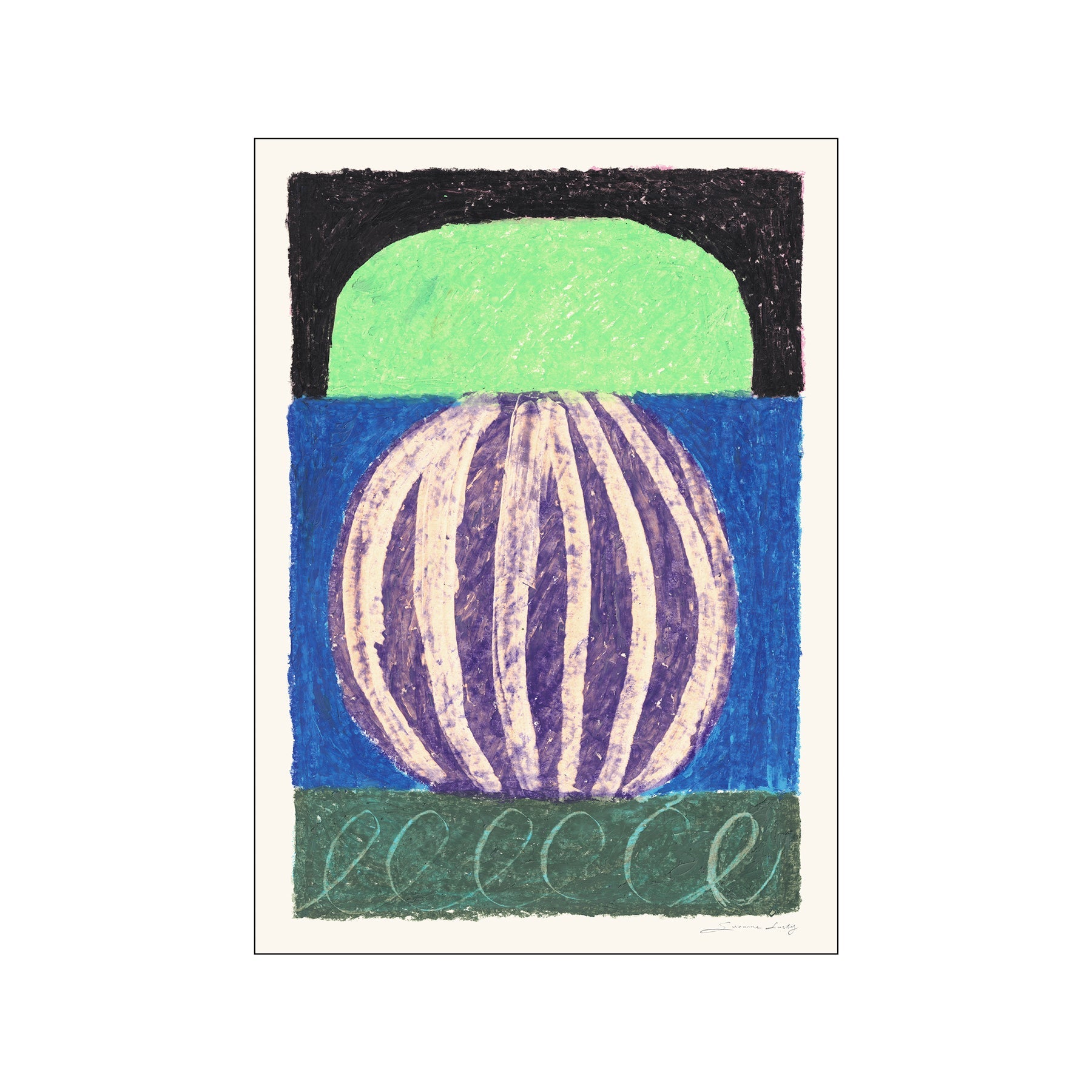 An abstract composition featuring a striped purple and cream orb against a vivid blue background, framed by a lime green arch and a dark arch above. A textured green band with swirling lines sits below..