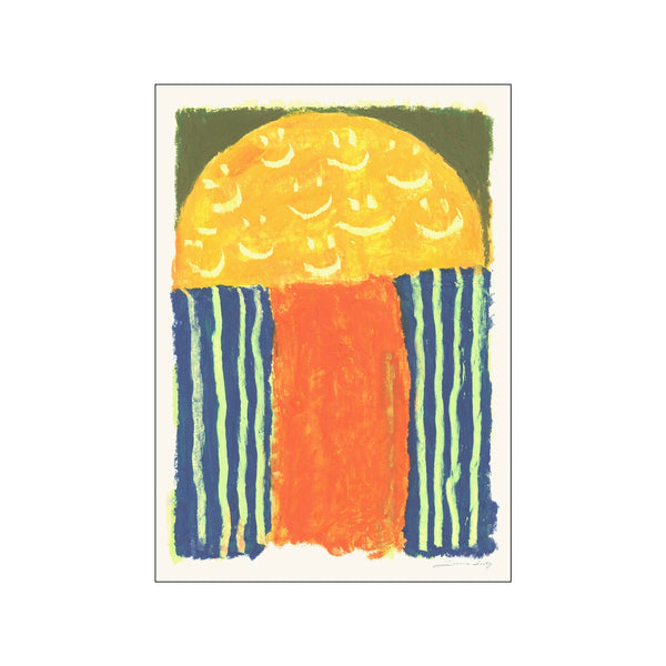 Abstract portrait with a semicircular yellow top dotted with crescent shapes, set against a dark green background, with a textured orange center flanked by vertical blue and light green stripes.