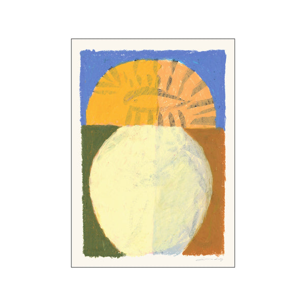 An abstract composition featuring a soft yellow orb beneath a yellow and orange sun-like shape, set against a blue and green background. The artwork has a gentle, contemplative vibe.