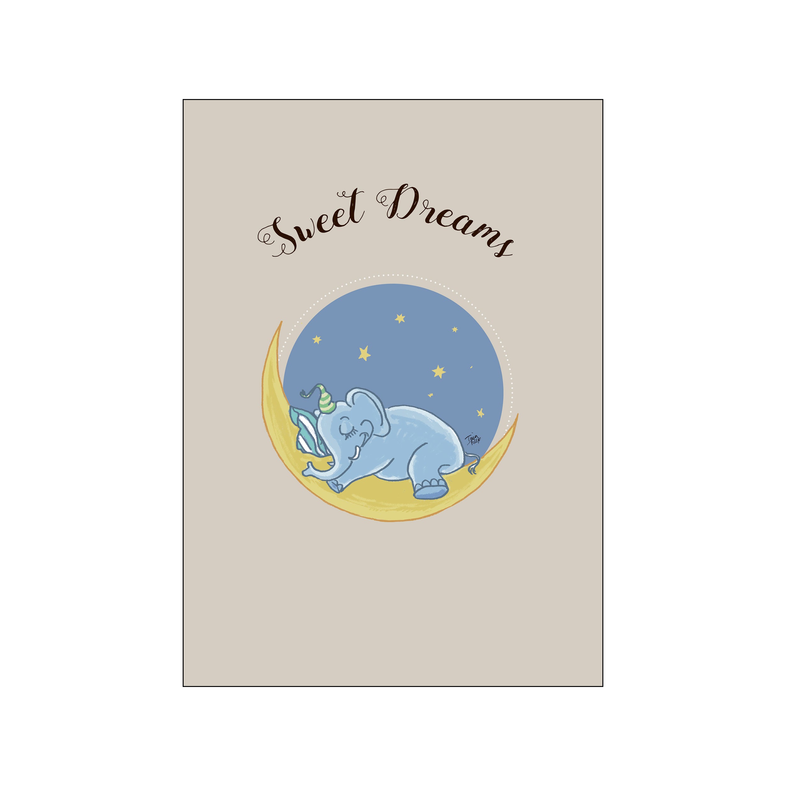 A charming illustration of a light blue elephant wearing a nightcap, sleeping peacefully on a yellow crescent moon under a starry blue sky. The words 'Sweet Dreams' are written in elegant script above.