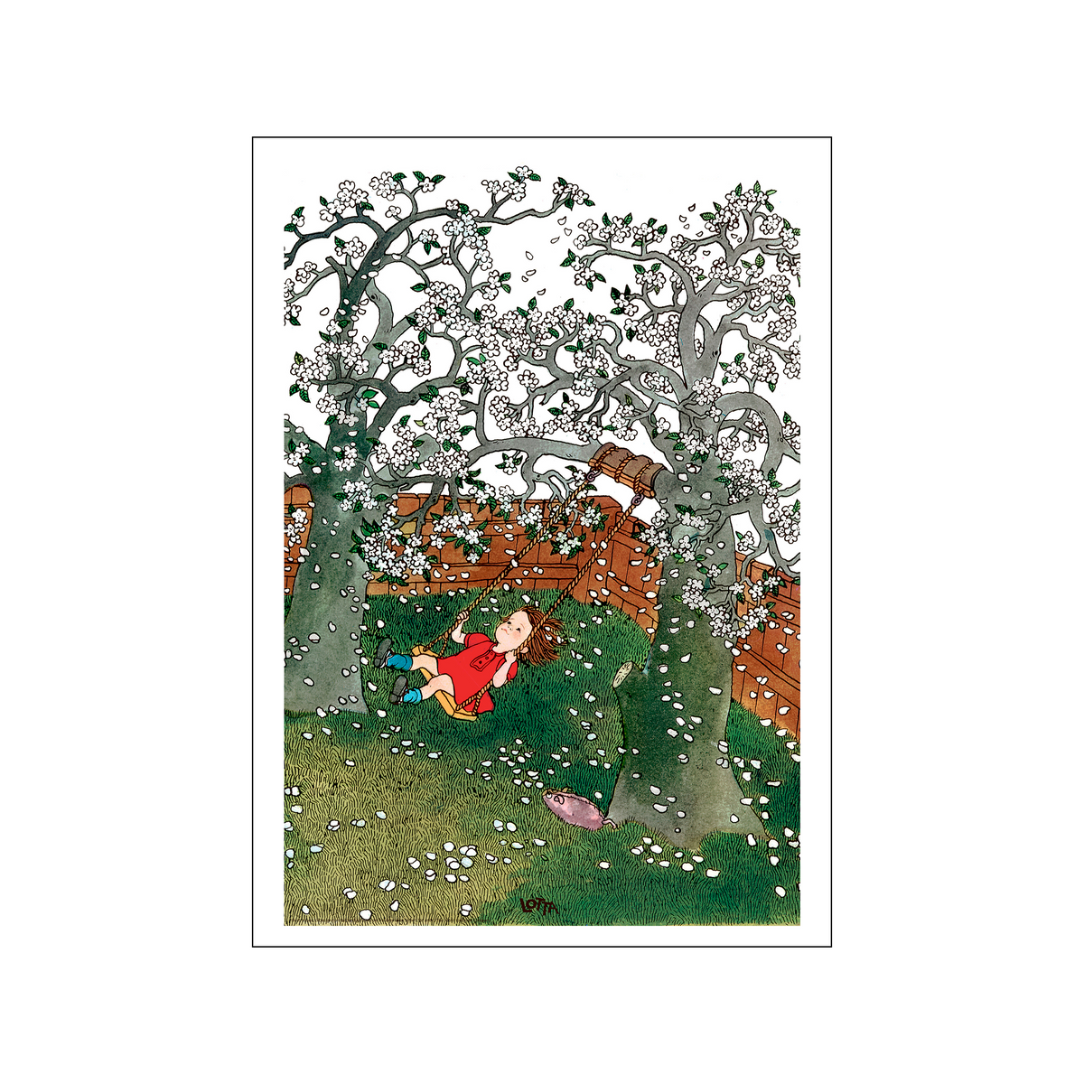 Child in a red dress swings under flowering trees as petals fall across a green yard