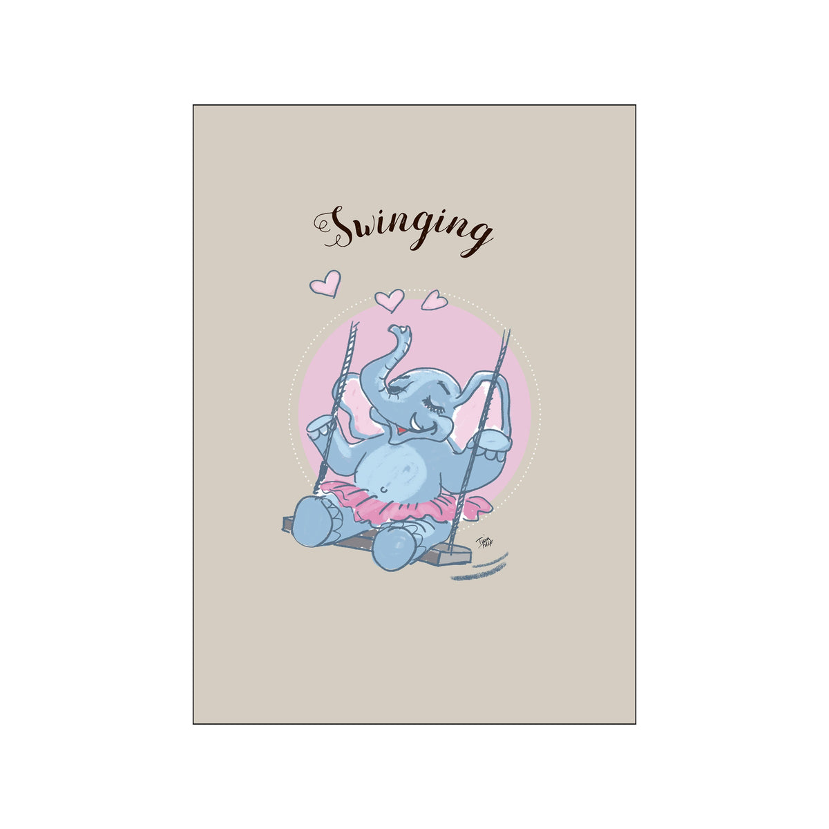 An illustration of a cheerful blue elephant wearing a pink tutu, happily swinging on a rope swing. Pink hearts float around the elephant, set against a soft, neutral background.