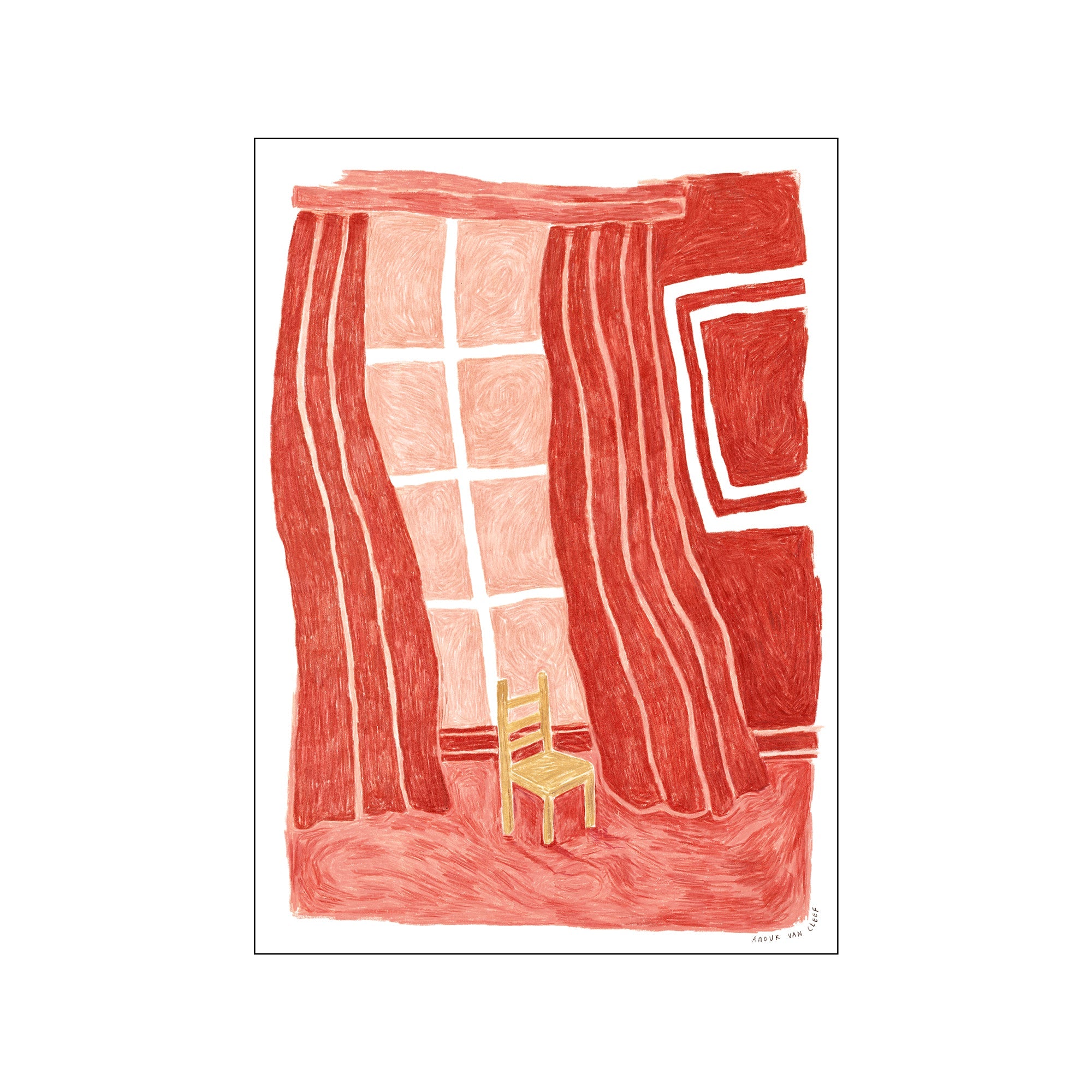 A textured artwork depicting heavy red curtains framing a window with a simple wooden chair placed on a red floor. The style is expressive and inviting.