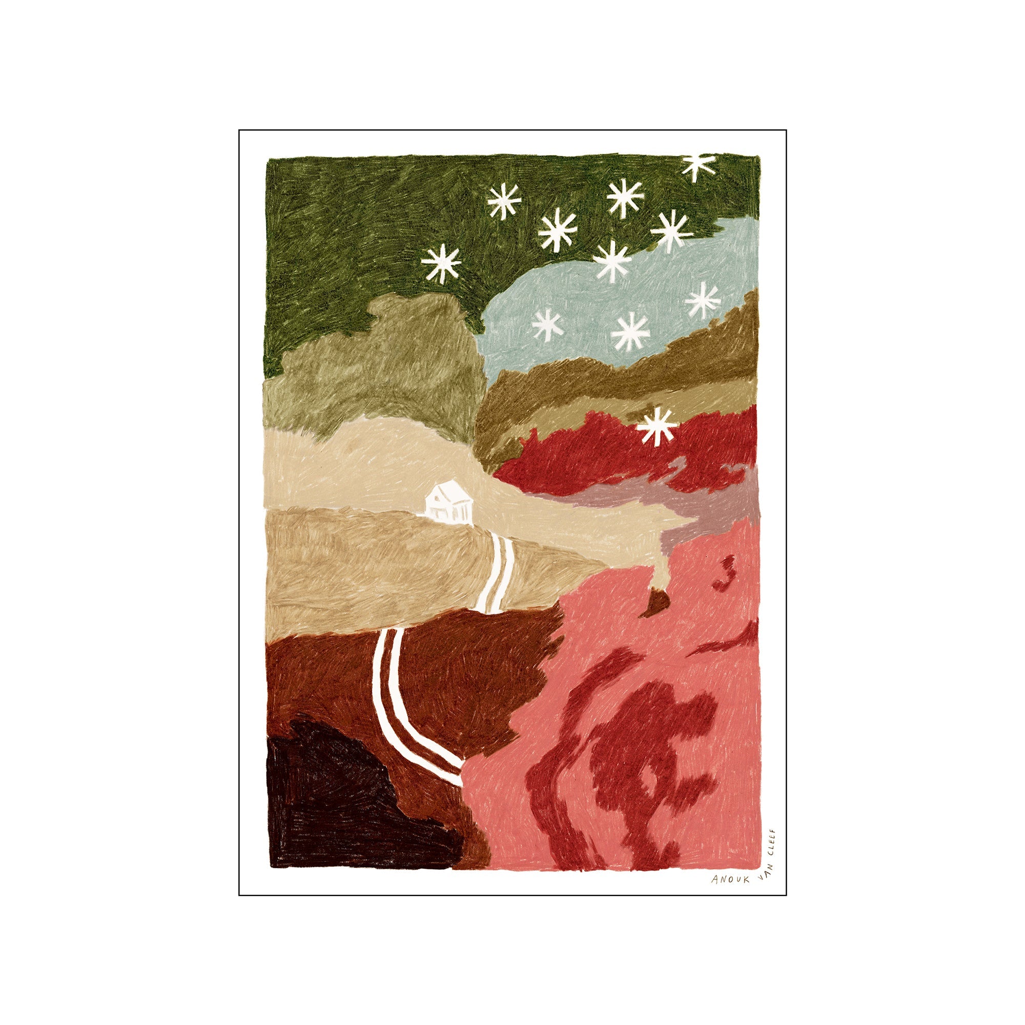 An abstract landscape painting titled 'The House and the Hills' by Anouk van Cleef, depicting a white house on rolling hills under a sky with white star-like shapes. The palette includes shades of green, brown.