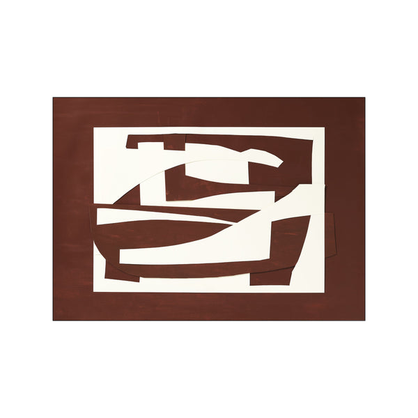 Abstract collage artwork with layered shapes in creamy off-white against a rich, textured brown background, suggesting organic landscapes and natural forms for a calm, sophisticated vibe.