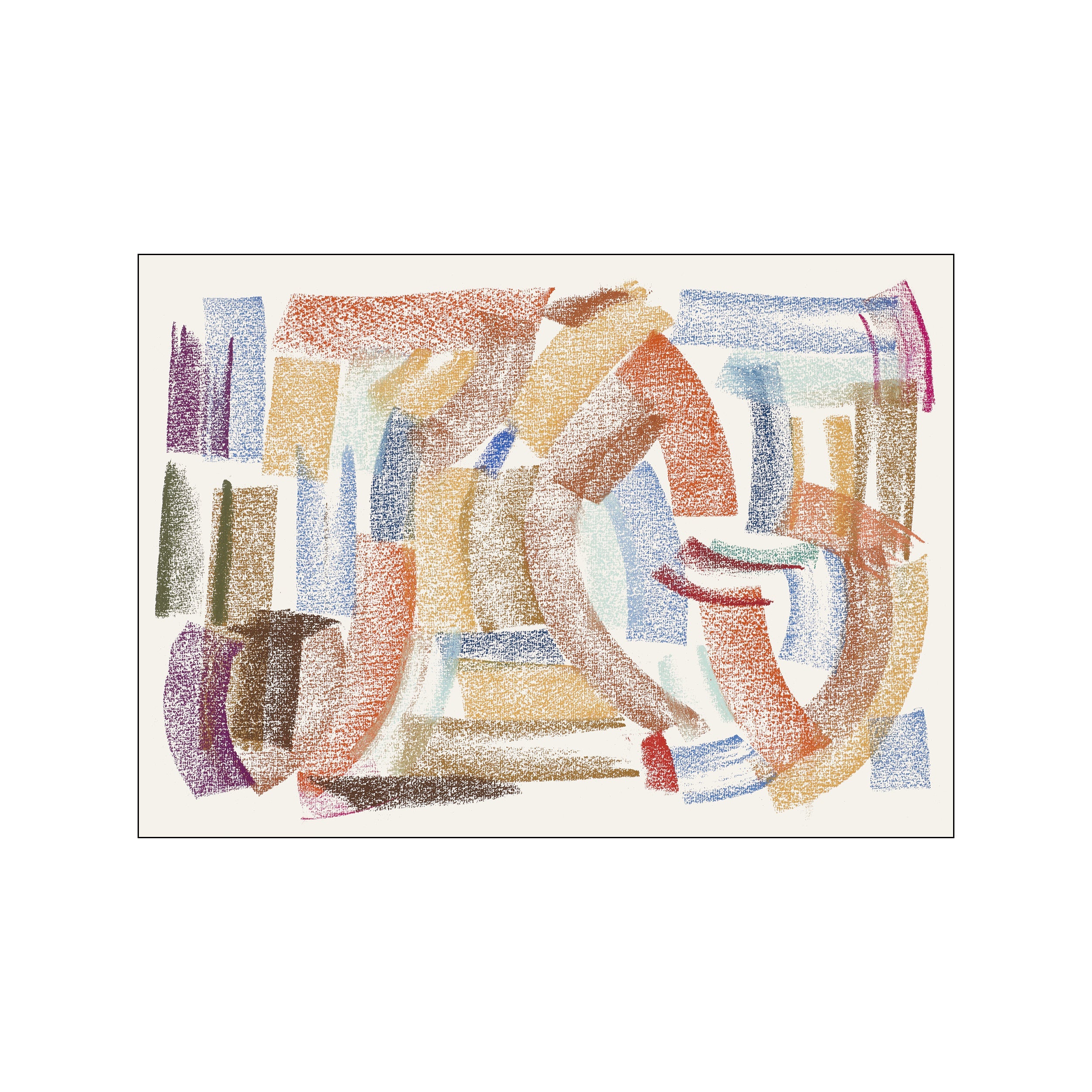 An abstract composition with overlapping brushstrokes in shades of rust, terracotta, ochre, denim blue, and deep purple against a creamy background, evoking a peaceful sunset.