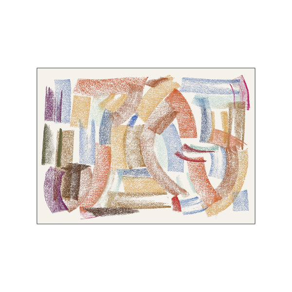 An abstract composition with overlapping brushstrokes in shades of rust, terracotta, ochre, denim blue, and deep purple against a creamy background, evoking a peaceful sunset.