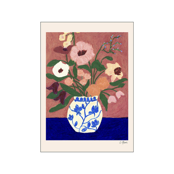 Art Print by Carla Llanos, Framed artwork of a floral arrangement in a blue and white vase on a red background.
