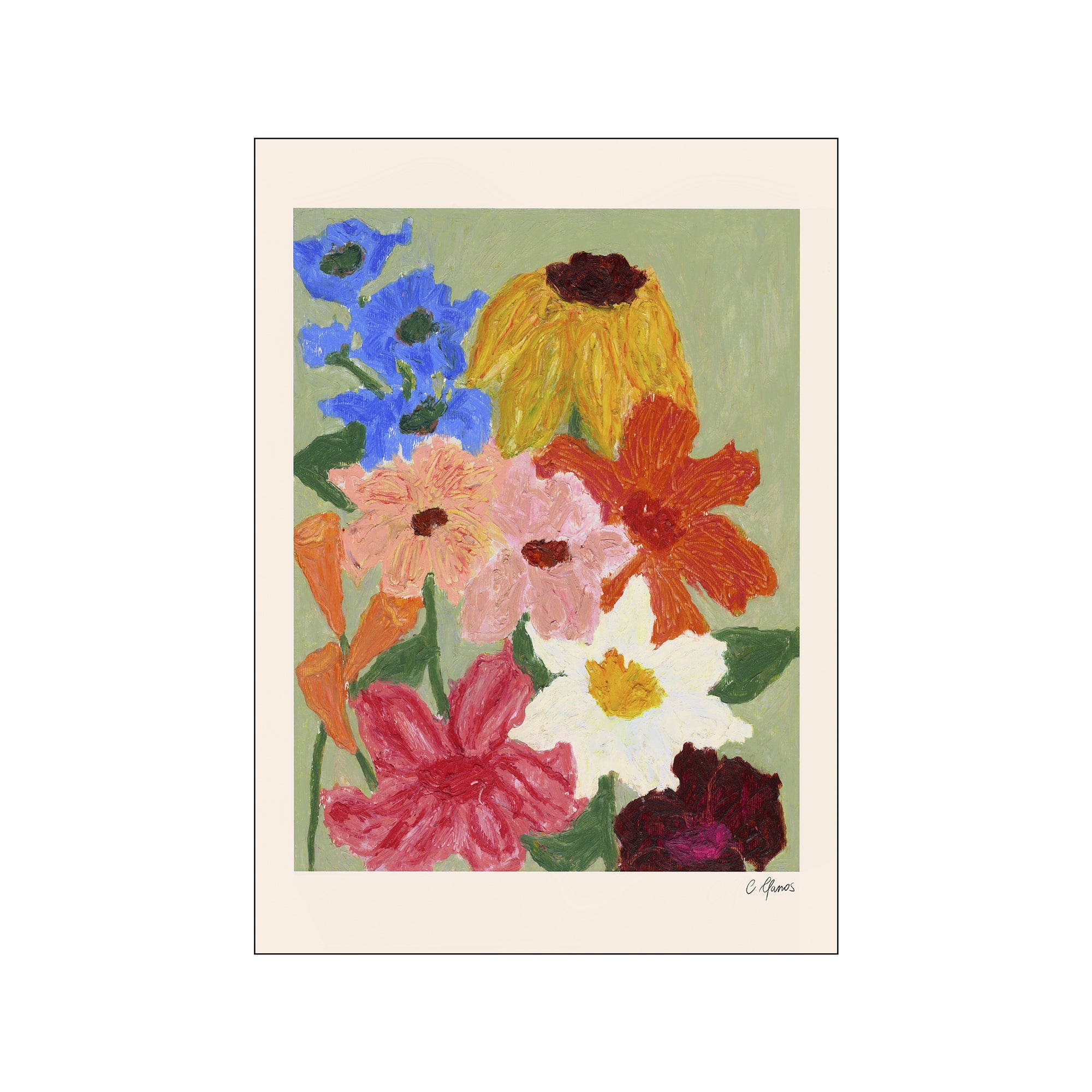 Art Print by Carla Llanos, Colorful floral painting on a light green background