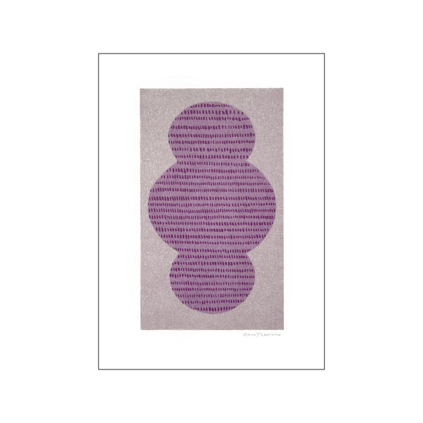 Abstract composition of three stacked, rounded shapes in deep purple with subtle horizontal dashed lines, set against a textured light beige background, evoking a serene and artistic mood.