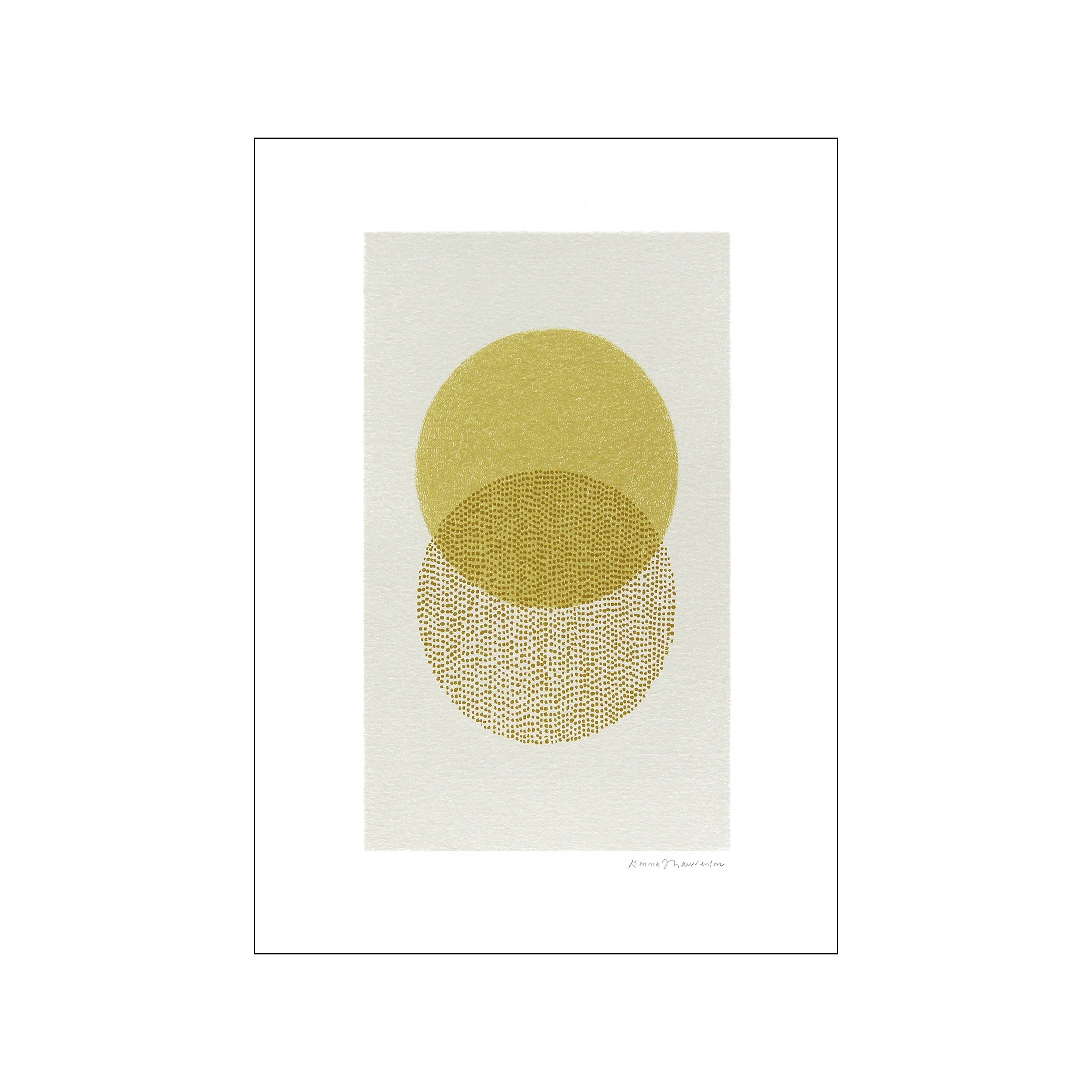 Abstract art with two overlapping circles in textured golden yellow and solid ochre on a pale beige background, evoking warmth and serenity for interior decor.