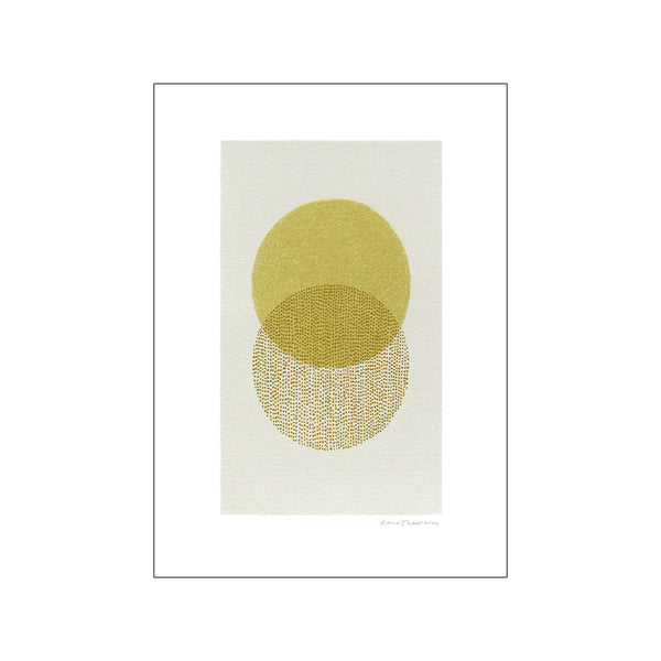 Abstract art with two overlapping circles in textured golden yellow and solid ochre on a pale beige background, evoking warmth and serenity for interior decor.