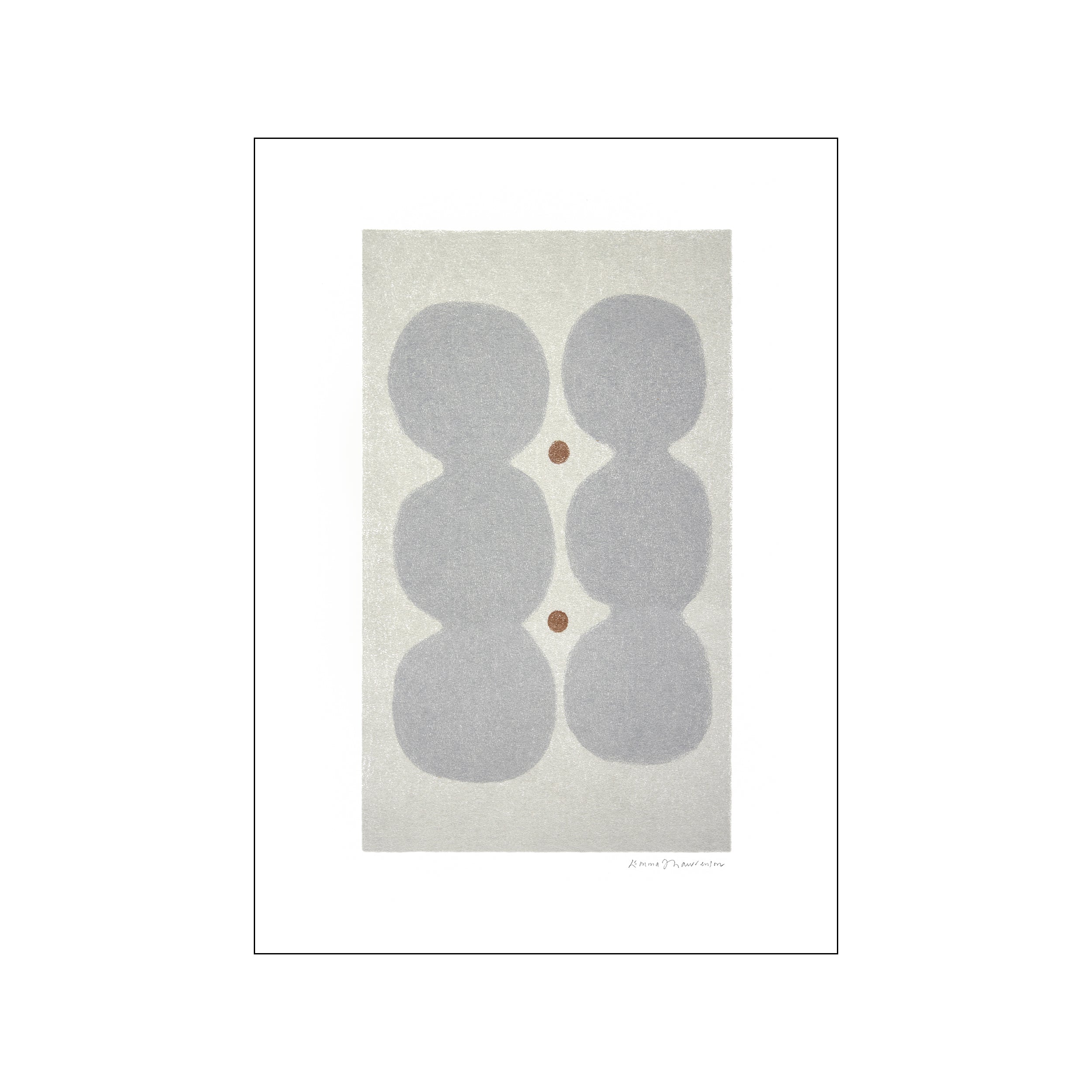 An abstract artwork featuring soft, rounded grey figures arranged vertically, separated by two small, warm copper circles, on a light, textured beige background, evoking a sense of calm and balance.