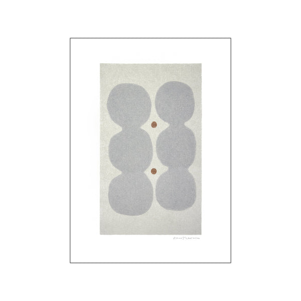 An abstract artwork featuring soft, rounded grey figures arranged vertically, separated by two small, warm copper circles, on a light, textured beige background, evoking a sense of calm and balance.