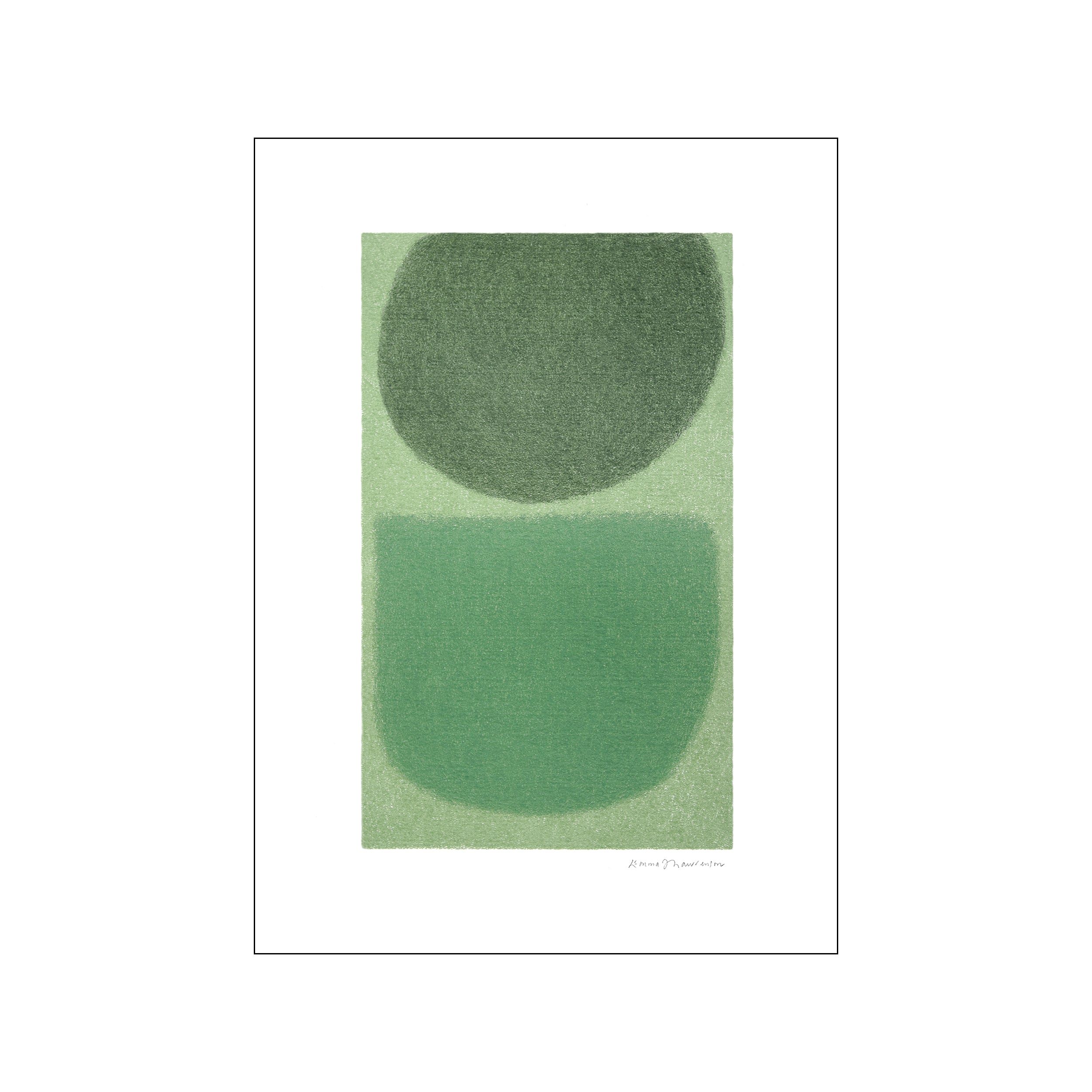 Abstract artwork with a dominant dark green circular shape layered over a lighter green rectangular shape, set against a soft mint green background with subtle texture.