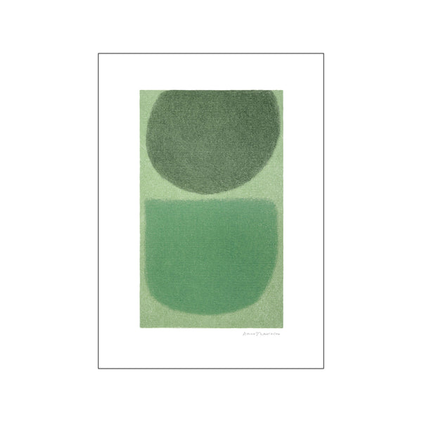 Abstract artwork with a dominant dark green circular shape layered over a lighter green rectangular shape, set against a soft mint green background with subtle texture.