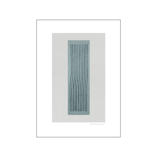Abstract artwork featuring vertical lines in shades of blue and grey on a light grey background, signed by the artist, evoking a serene and minimalist aesthetic.
