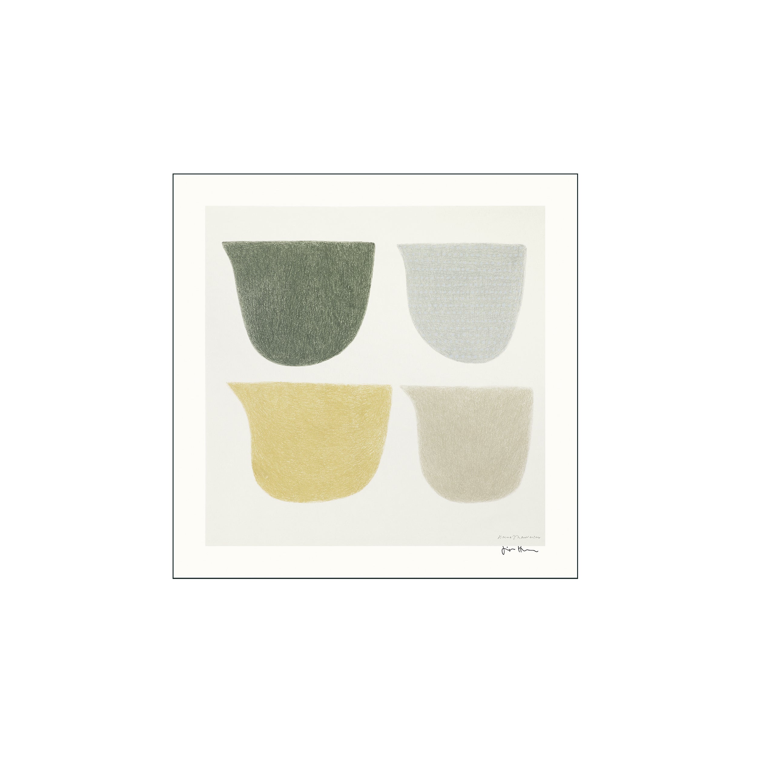 Four abstract, vessel-like shapes in soft green, muted yellow, beige, and pale grey, arranged in a square grid against a cream background, evoking a sense of calm contemplation.