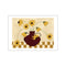 A whimsical art piece featuring bright yellow sunflowers with dark centers arranged in a deep burgundy vase, set against a textured beige background and a subtle checkered foreground.
