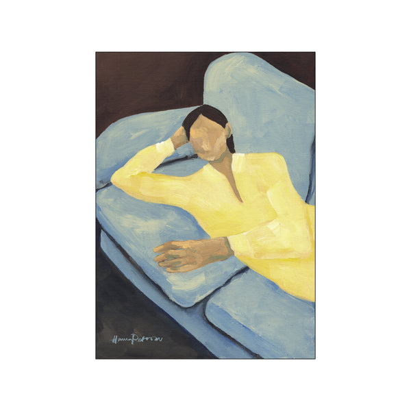 A person in a yellow shirt rests on a soft blue sofa, their head tilted back with an arm supporting it. The artwork features a limited palette of blues, yellows, and dark background, creating a.