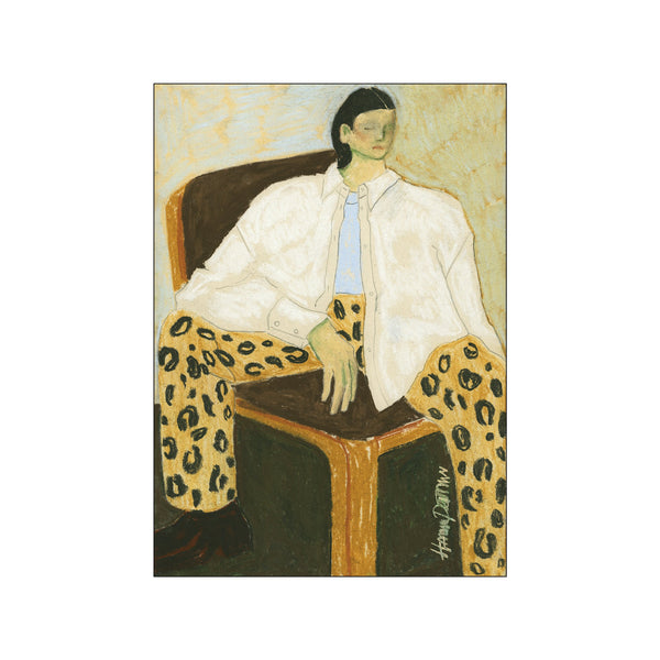 A fashion illustration of a person with dark hair wearing a white shirt and leopard print pants, seated in a chair against a textured, pale yellow and blue background.