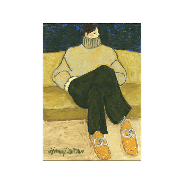 A fashion illustration in warm ochre, deep green, and subtle blue hues. The artwork features a figure in a cozy turtleneck and dark trousers, exuding a relaxed and chic demeanor, perfect for stylish interiors.