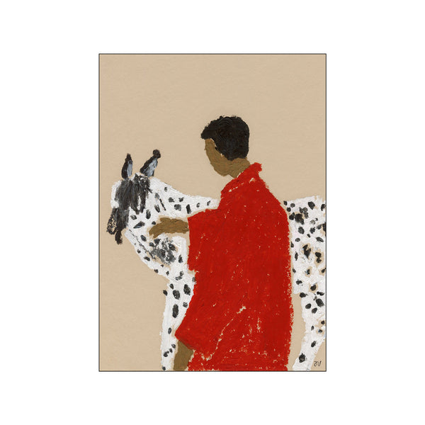 Painting by Isabelle Vandeplassche showing a person in a red coat standing beside a white horse with black spots, set against a beige background.