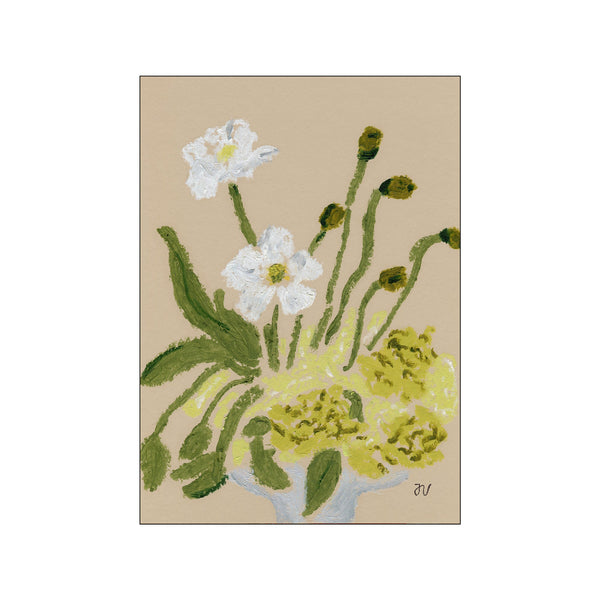 Floral painting by Isabelle Vandeplassche featuring delicate white and yellow spring flowers with green stems on a beige background.
