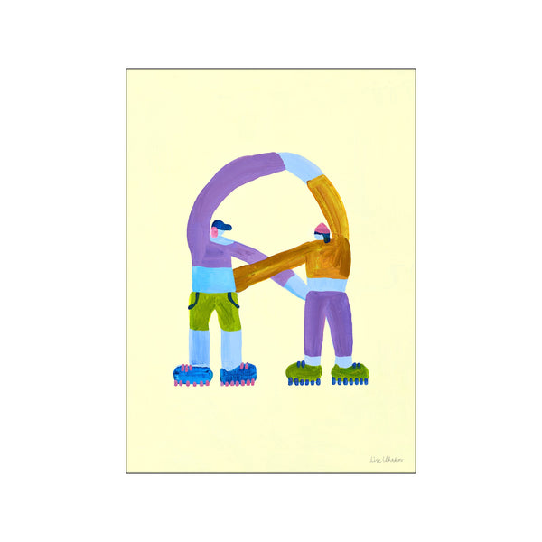 Two stylized figures, one in purple and blue, the other in gold and green, form an arching embrace. They wear roller skates and stand against a pale yellow background, creating a whimsical and uplifting visual.