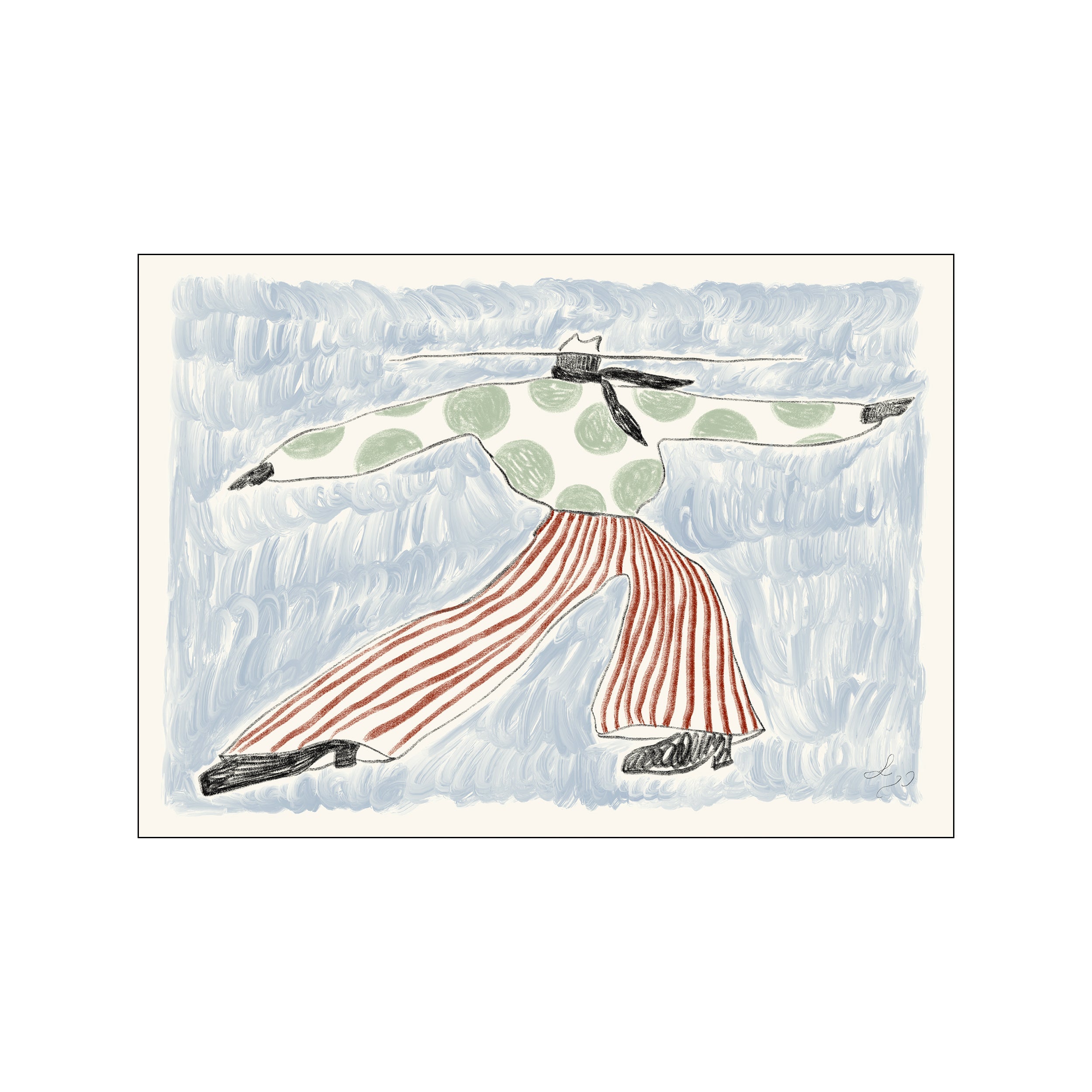 An abstract artwork by Lucia Tuffley depicting a figure in a green polka-dot shirt and red-striped pants against a textured blue background, conveying a whimsical and serene mood.