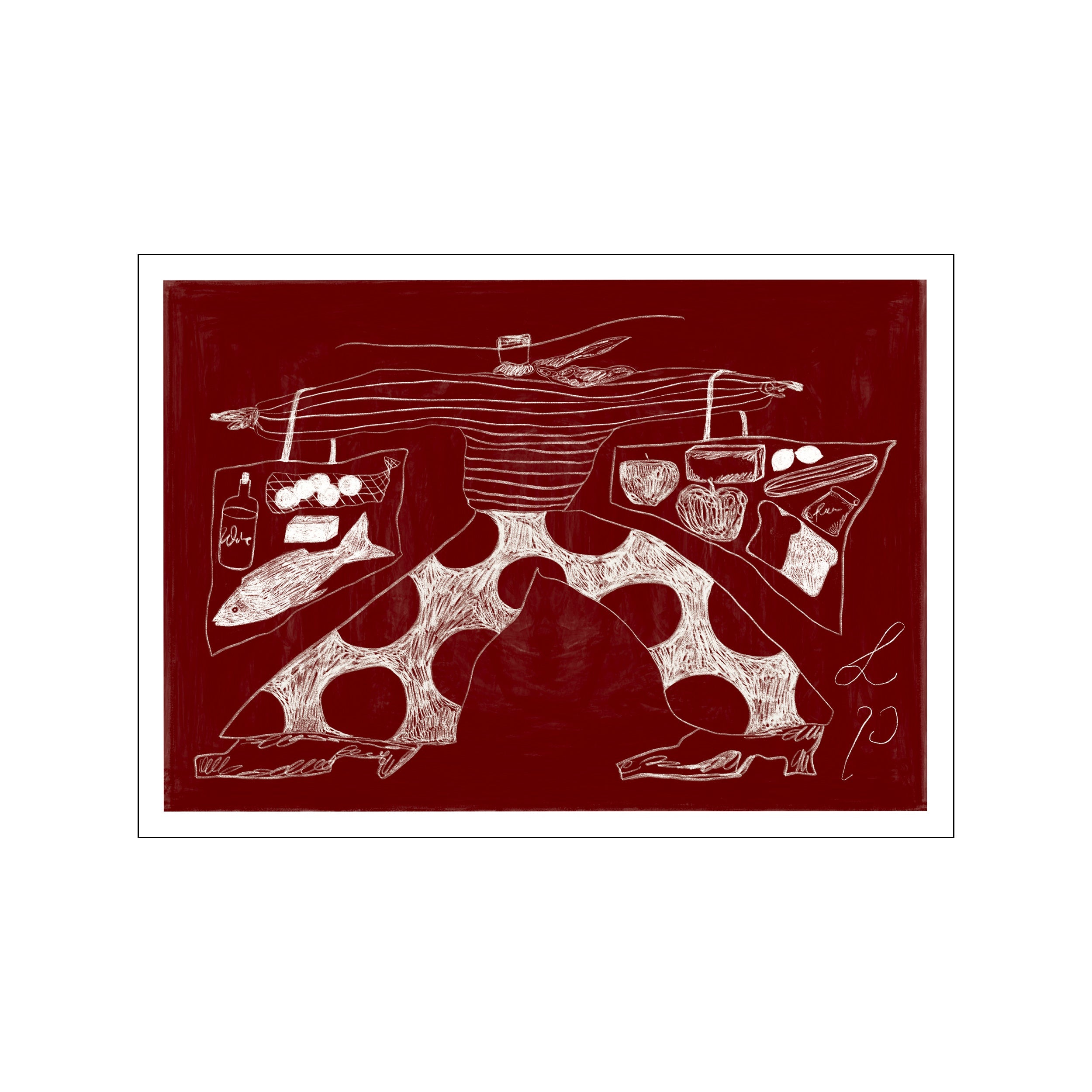 A striking illustration in white on a deep red background depicts a figure in striped attire and polka-dot pants, carrying shopping bags filled with groceries like a fish, apples, and bottles.