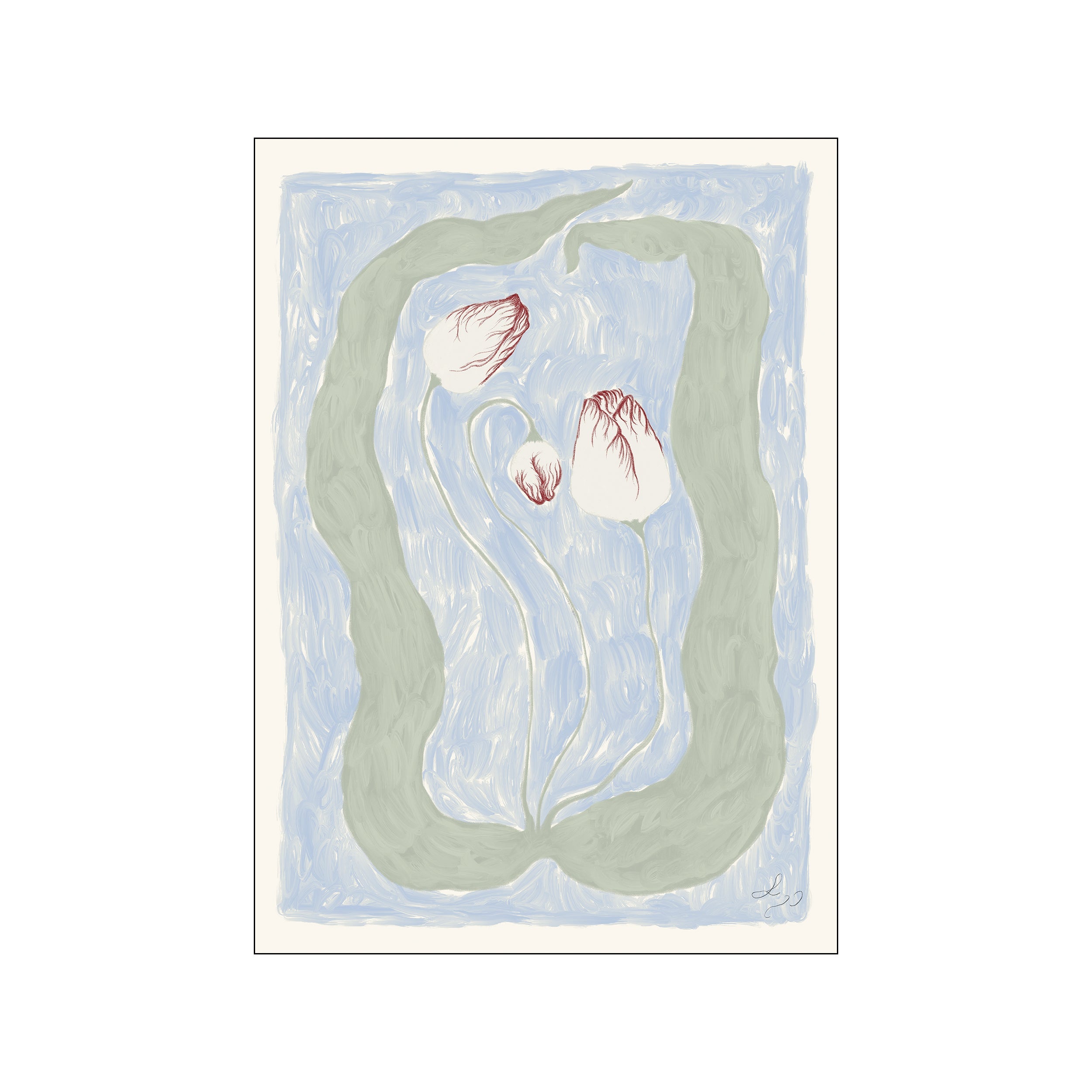 An abstract painting of three tulip-like forms with red-lined details, set against a textured background of pale blue and muted green, suggesting a delicate, serene floral composition.