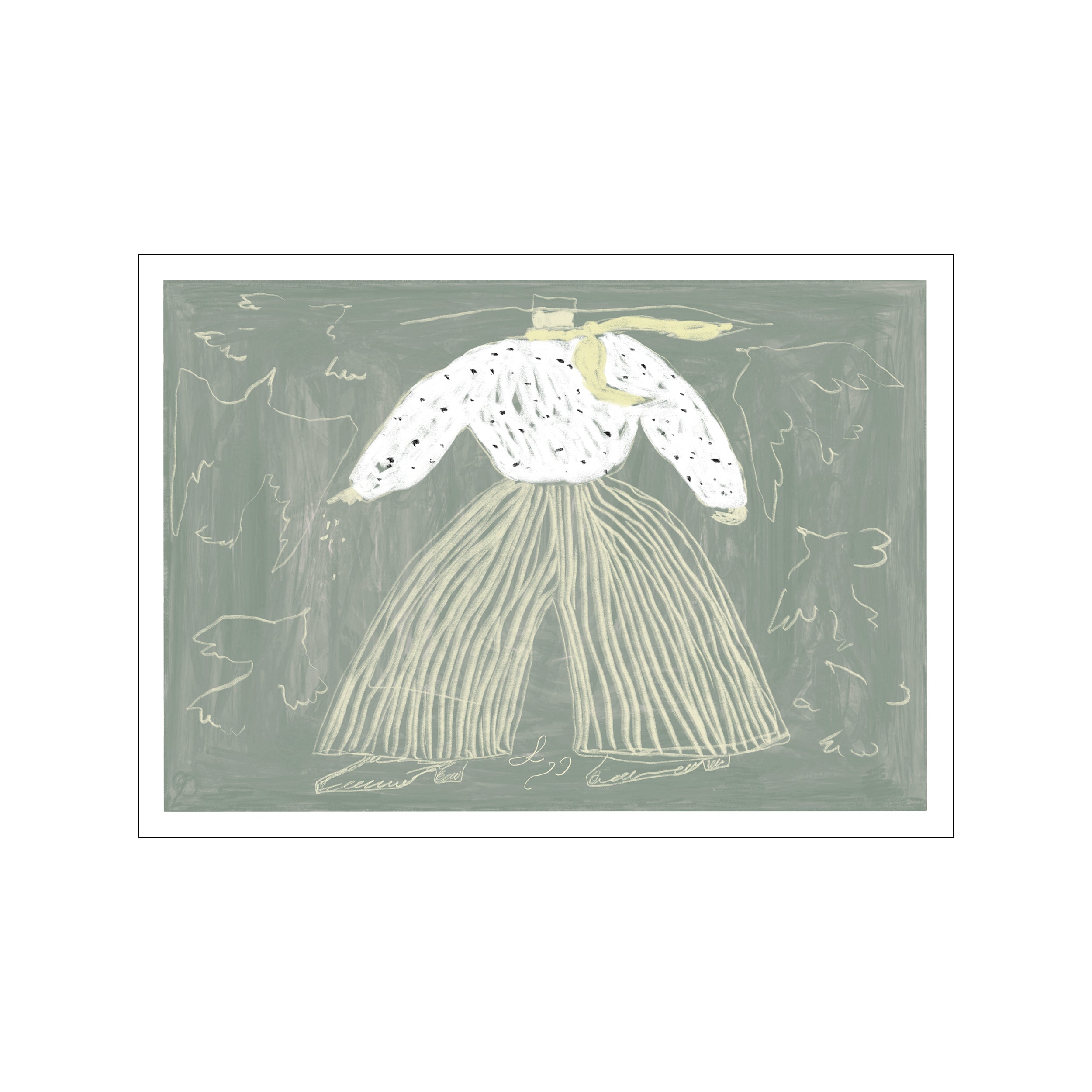 An abstract drawing of a figure in a polka-dot shirt and striped pants, surrounded by delicate, sketched birds, set against a muted green background.