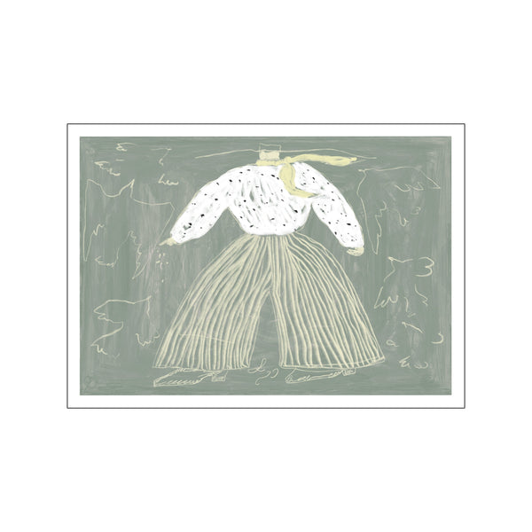 An abstract drawing of a figure in a polka-dot shirt and striped pants, surrounded by delicate, sketched birds, set against a muted green background.