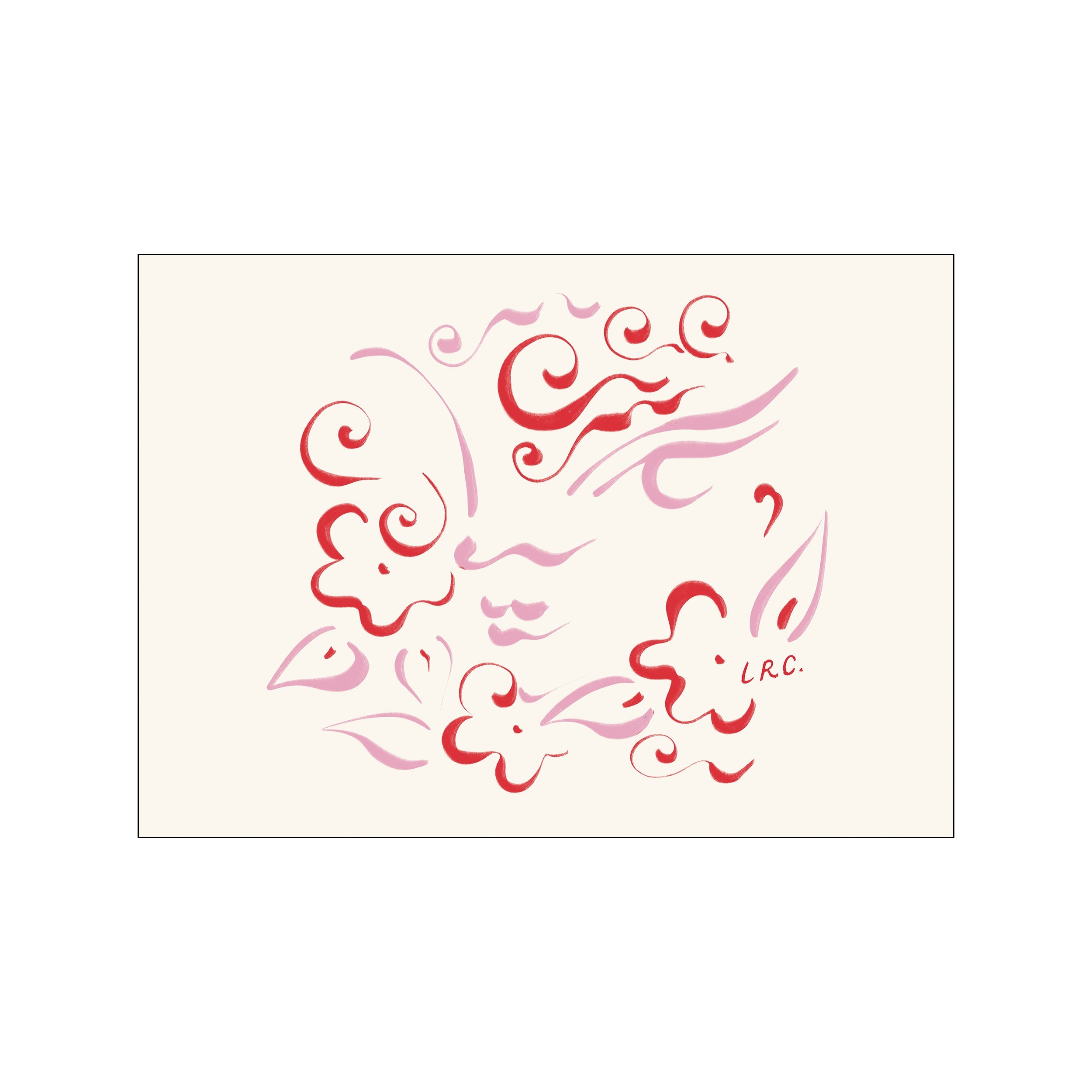 Abstract floral and swirl design in shades of pink and red on a cream background, with the artist's signature LRC visible. Evokes a whimsical, gentle, and artistic vibe.