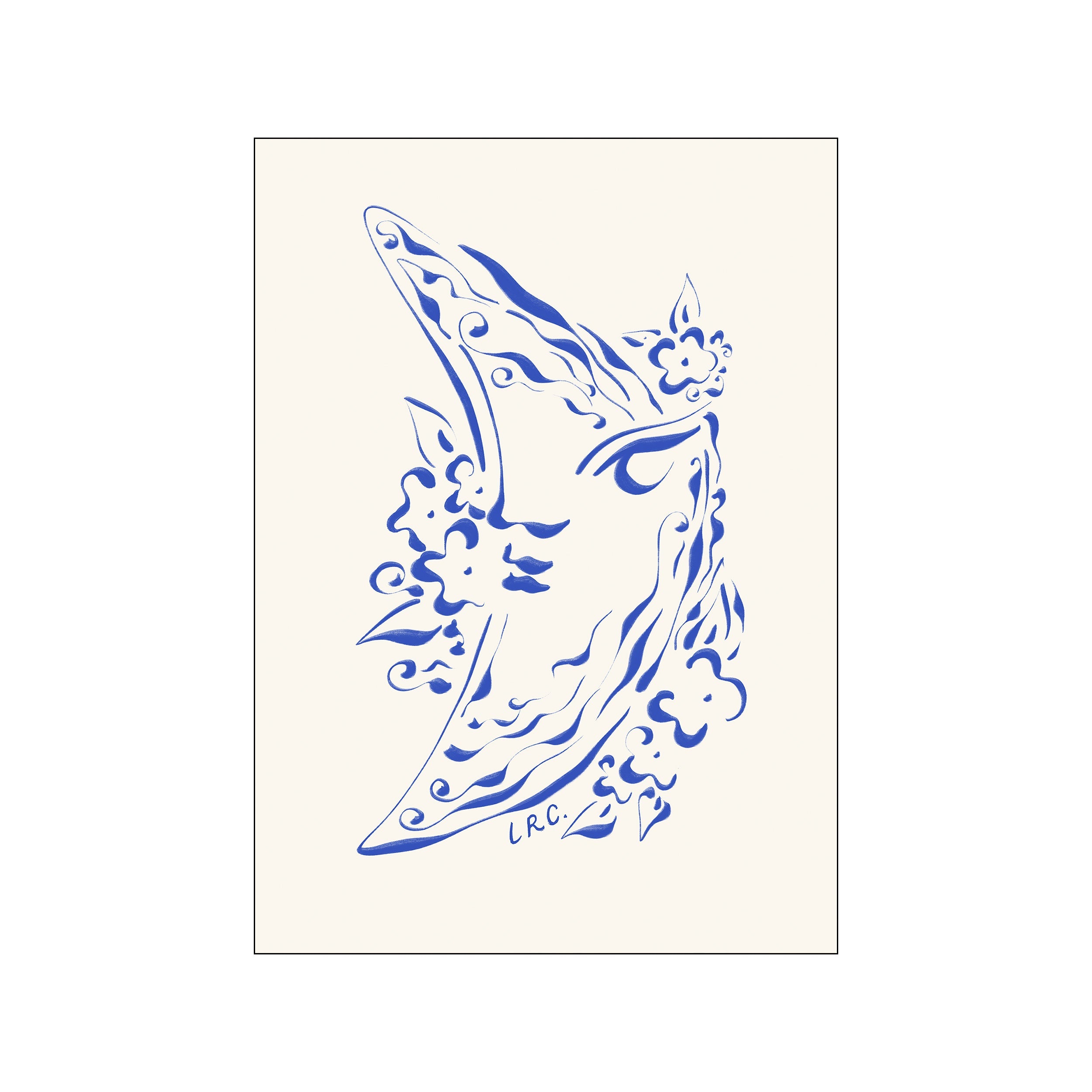 Abstract artwork featuring a crescent moon shape adorned with flowing blue lines and delicate floral motifs against a creamy background, evoking a dreamy and serene atmosphere.