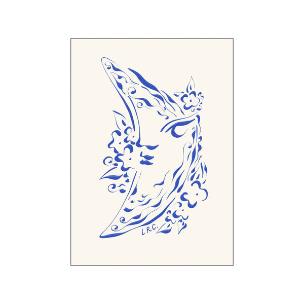 Abstract artwork featuring a crescent moon shape adorned with flowing blue lines and delicate floral motifs against a creamy background, evoking a dreamy and serene atmosphere.