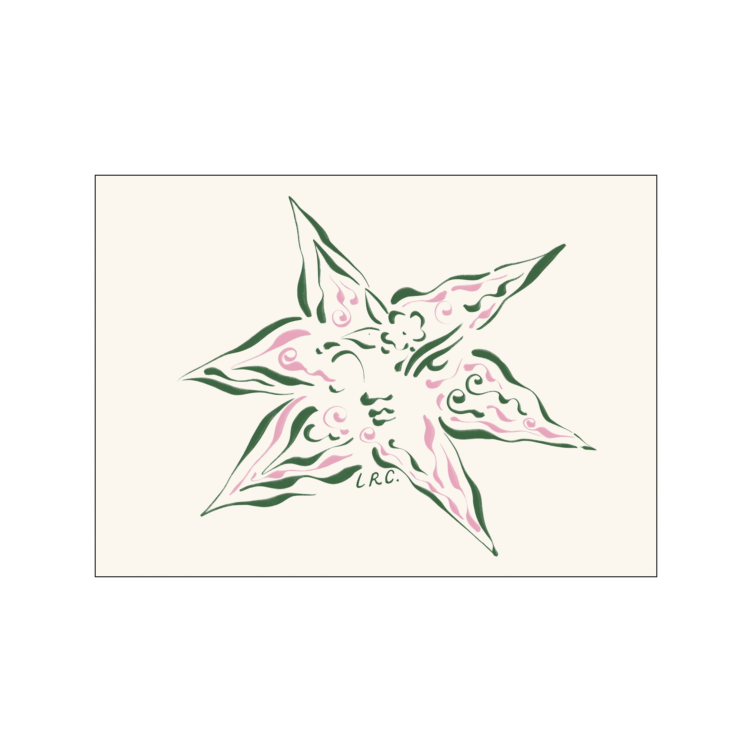 A stylized star-shaped flower with swirling green and pink brushstrokes on a cream background, suggesting a celestial or floral landscape with a serene, artistic vibe.