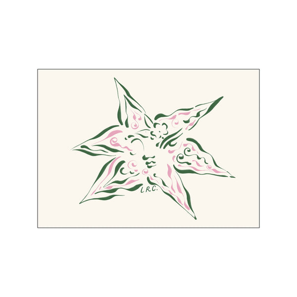 A stylized star-shaped flower with swirling green and pink brushstrokes on a cream background, suggesting a celestial or floral landscape with a serene, artistic vibe.
