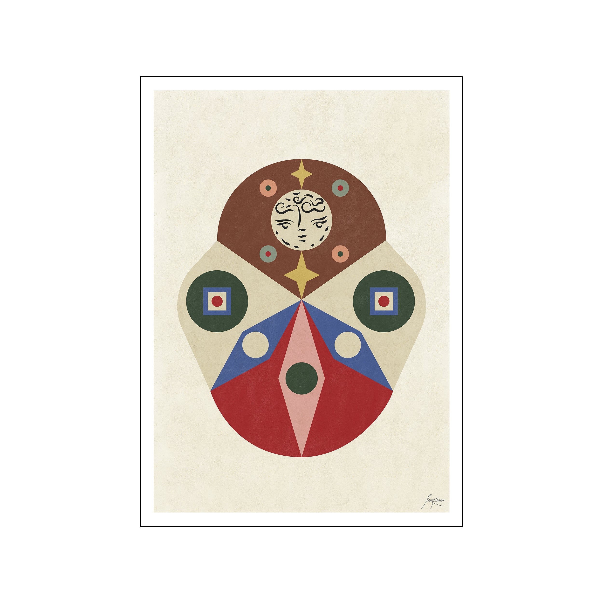 An abstract artwork titled Sirius, featuring a central face framed by geometric shapes and celestial star elements. The palette includes warm beige, deep red, earthy green, and soft blue, creating a bohemian and whimsical vibe.