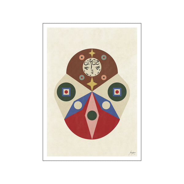 An abstract artwork titled Sirius, featuring a central face framed by geometric shapes and celestial star elements. The palette includes warm beige, deep red, earthy green, and soft blue, creating a bohemian and whimsical vibe.