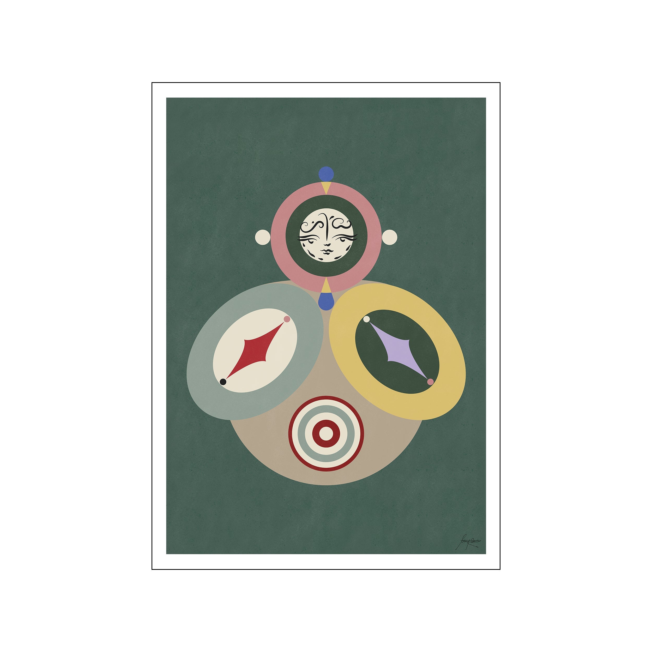 An abstract, symmetrical composition featuring a stylized face at its center, framed by concentric circles in pastel pink and surrounded by soft, oval shapes containing diamond motifs in red, purple, and black on a textured.