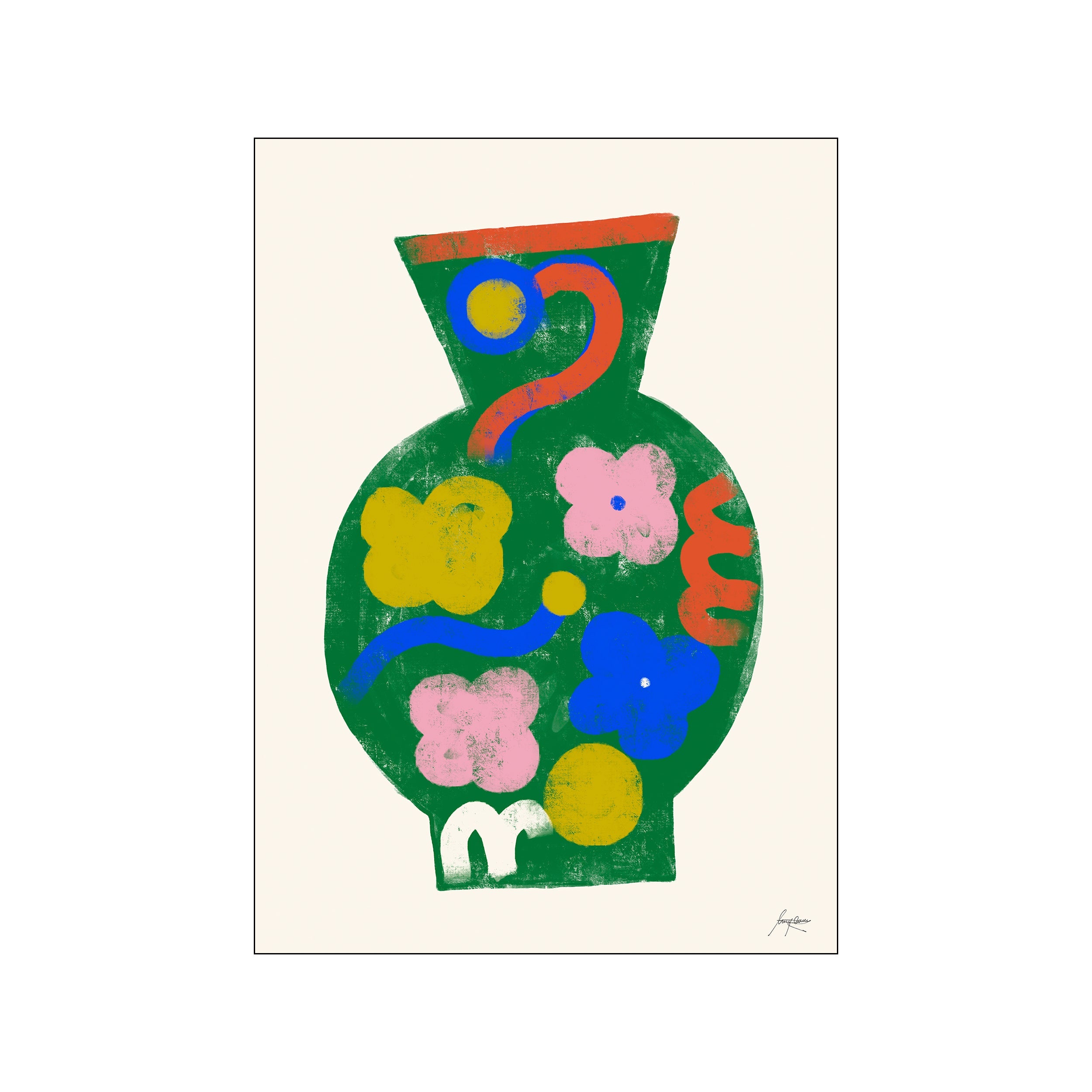 A green, vase-shaped artwork filled with abstract shapes and floral motifs in blue, pink, yellow, and red. The background is a soft, neutral cream. Signed by the artist.